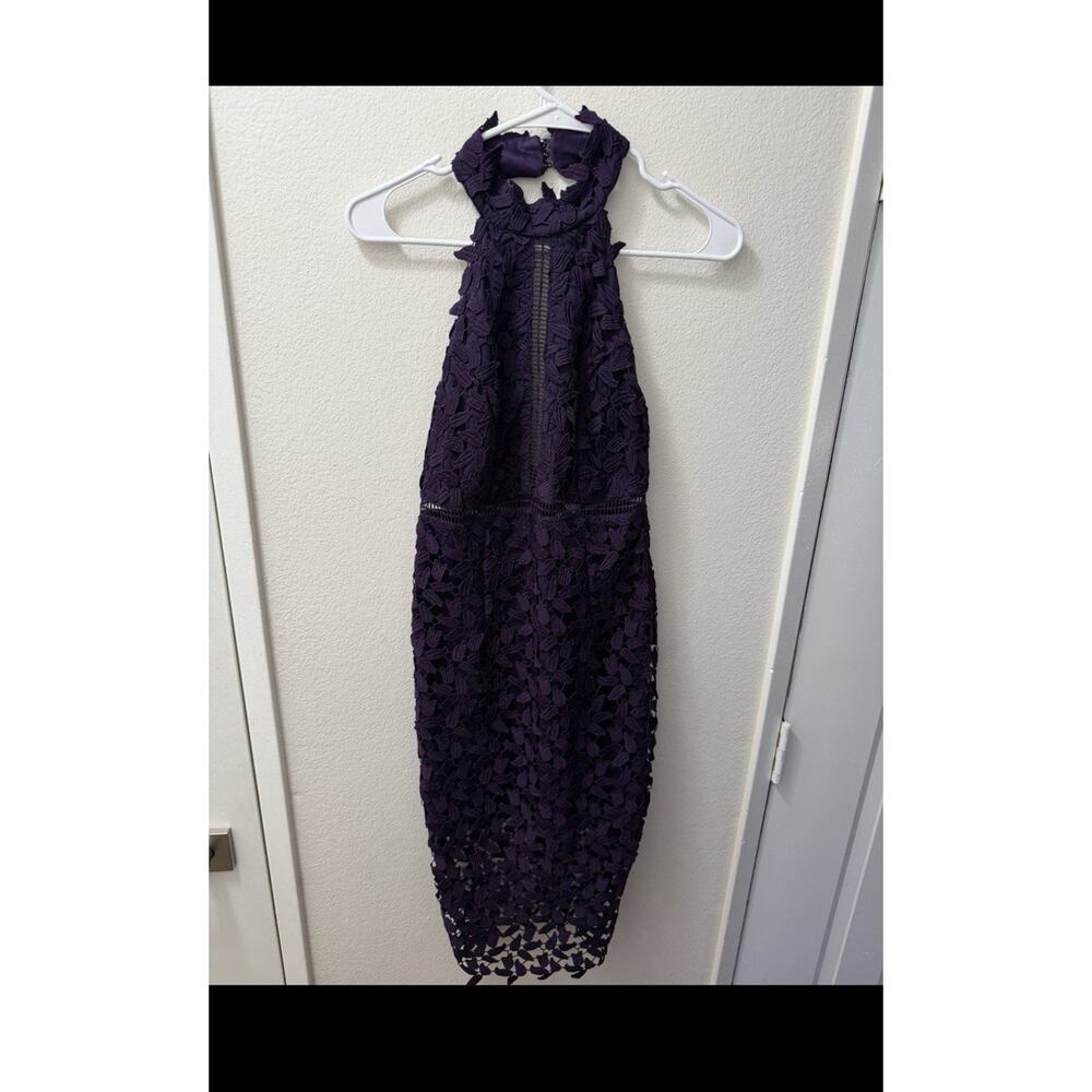 Bardot Purple Floral Lace Halter Sleeveless Sheath Midi Dress Zip Ruffle 4/XS